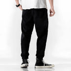 Black Men's Corduroy Jogger Pants with Drawstring Waist & Elastic Cuffs — Lucas - Back Detail