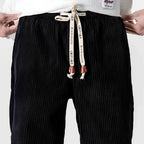 Black Men's Corduroy Jogger Pants with Drawstring Waist & Elastic Cuffs — Lucas - Waistband Closeup