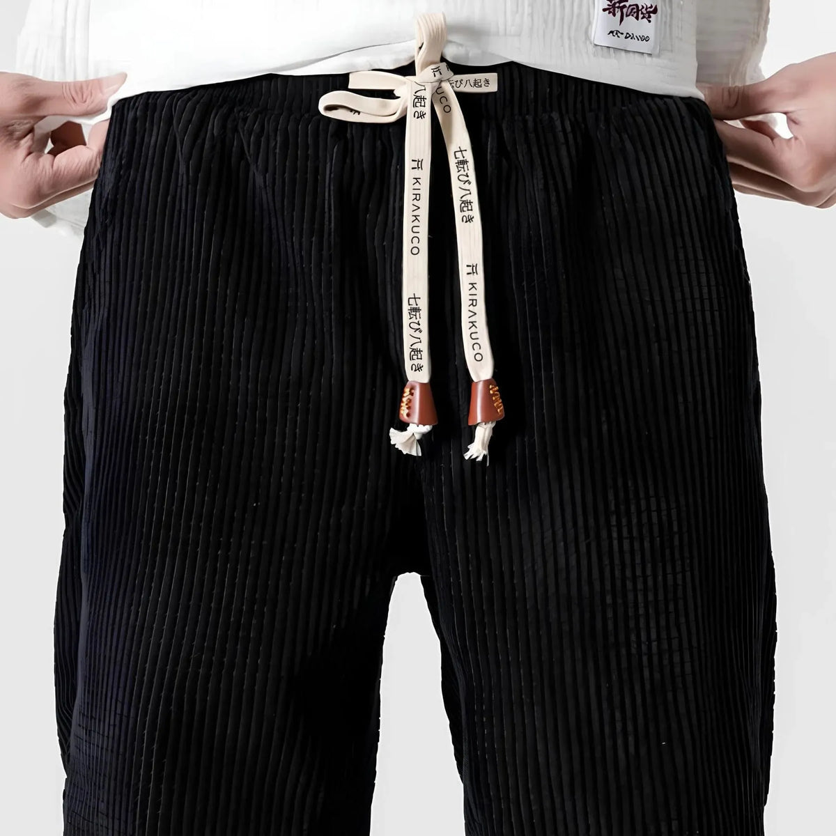 Black Men's Corduroy Jogger Pants with Drawstring Waist & Elastic Cuffs — Lucas - Waistband Closeup