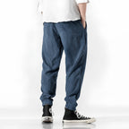 Blue Men's Corduroy Jogger Pants with Drawstring Waist & Elastic Cuffs — Lucas - Back Full