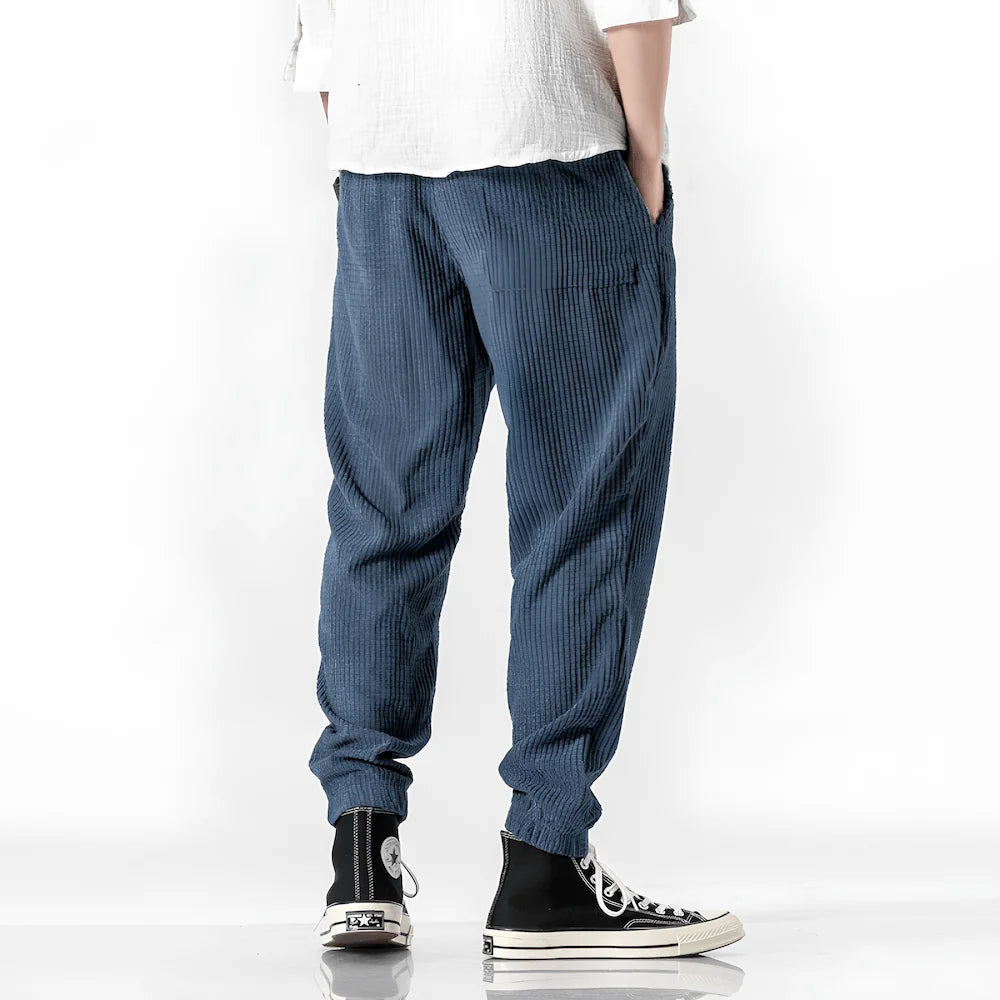 Blue Men's Corduroy Jogger Pants with Drawstring Waist & Elastic Cuffs — Lucas - Back Full