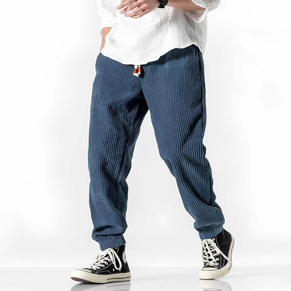 Blue Men's Corduroy Jogger Pants with Drawstring Waist & Elastic Cuffs — Lucas