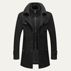 Black Men's Double-Breasted Trench Coat with Zip-Up Knit Collar & Adjustable Belt
