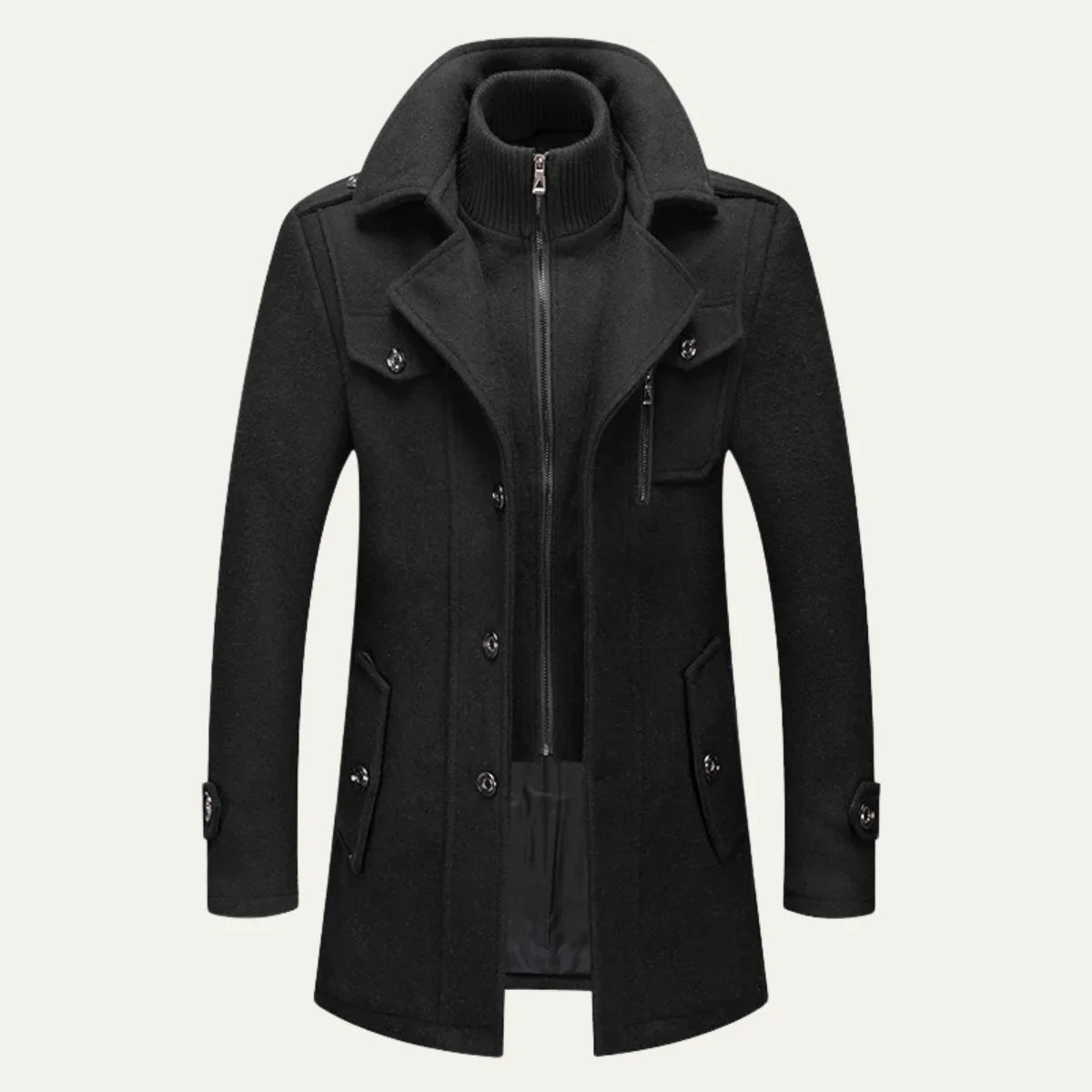Black Men's Double-Breasted Trench Coat with Zip-Up Knit Collar & Adjustable Belt