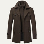 Brown Men's Double-Breasted Trench Coat with Zip-Up Knit Collar & Adjustable Belt