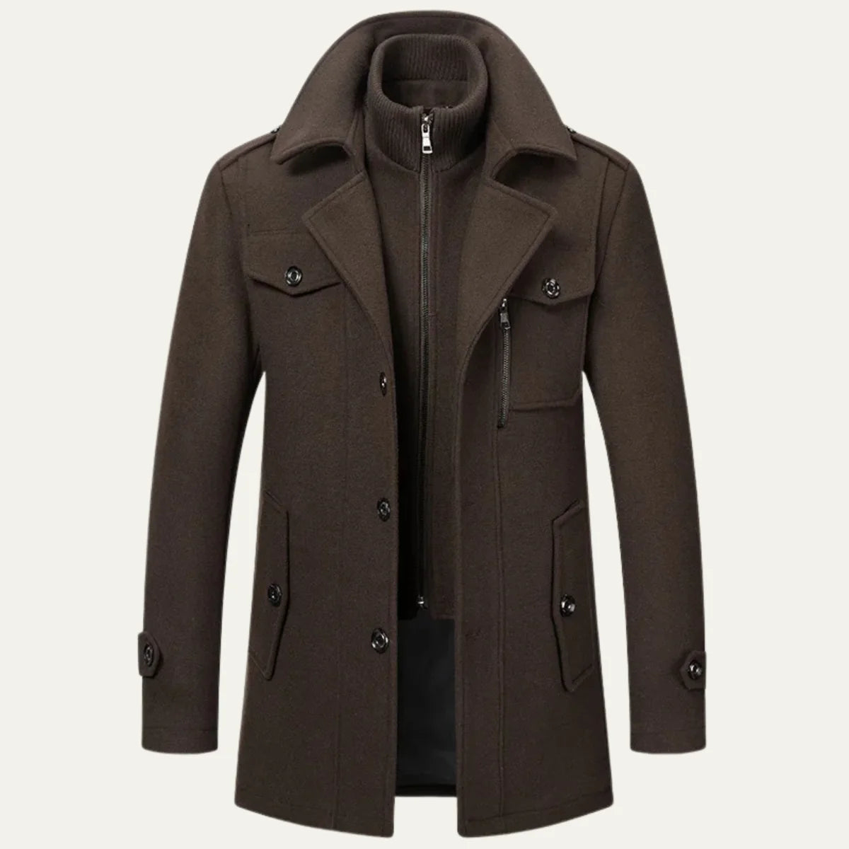 Brown Men's Double-Breasted Trench Coat with Zip-Up Knit Collar & Adjustable Belt