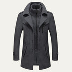 Grey Men's Double-Breasted Trench Coat with Zip-Up Knit Collar & Adjustable Belt