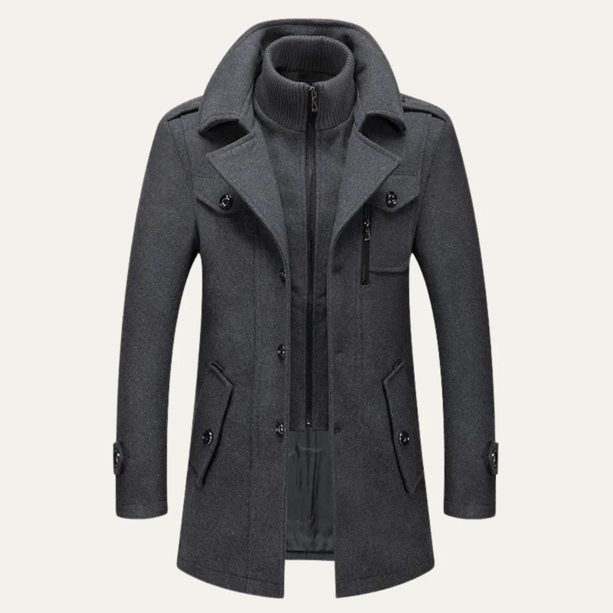 Grey Men's Double-Breasted Trench Coat with Zip-Up Knit Collar & Adjustable Belt