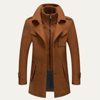 Khaki Men's Double-Breasted Trench Coat with Zip-Up Knit Collar & Adjustable Belt