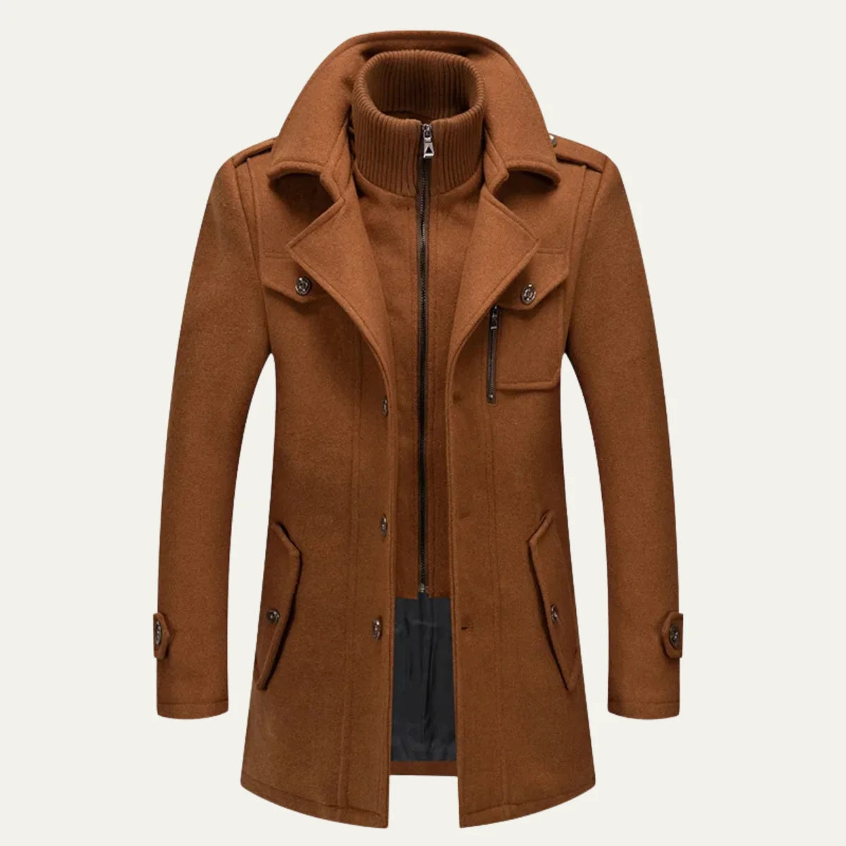 Khaki Men's Double-Breasted Trench Coat with Zip-Up Knit Collar & Adjustable Belt