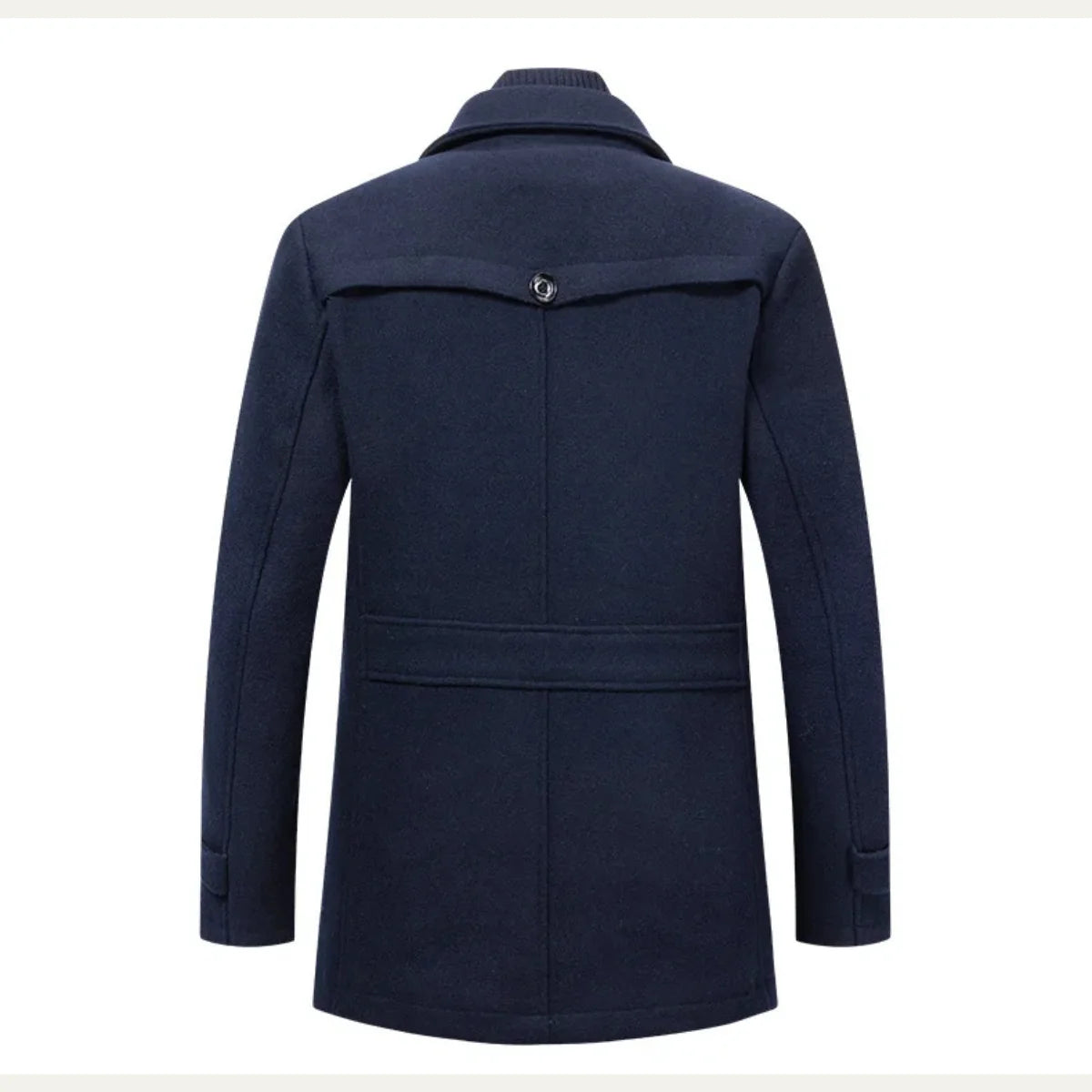 Men's Double-Breasted Trench Coat with Zip-Up Knit Collar & Adjustable Belt - Back Full
