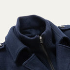 Men's Double-Breasted Trench Coat with Zip-Up Knit Collar & Adjustable Belt - Collar Detail