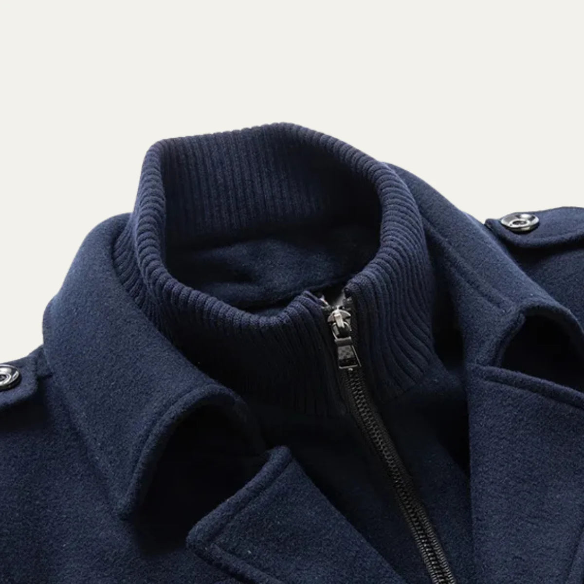 Men's Double-Breasted Trench Coat with Zip-Up Knit Collar & Adjustable Belt - Collar Detail