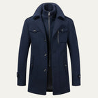 Navy Blue Men's Double-Breasted Trench Coat with Zip-Up Knit Collar & Adjustable Belt - Front Full