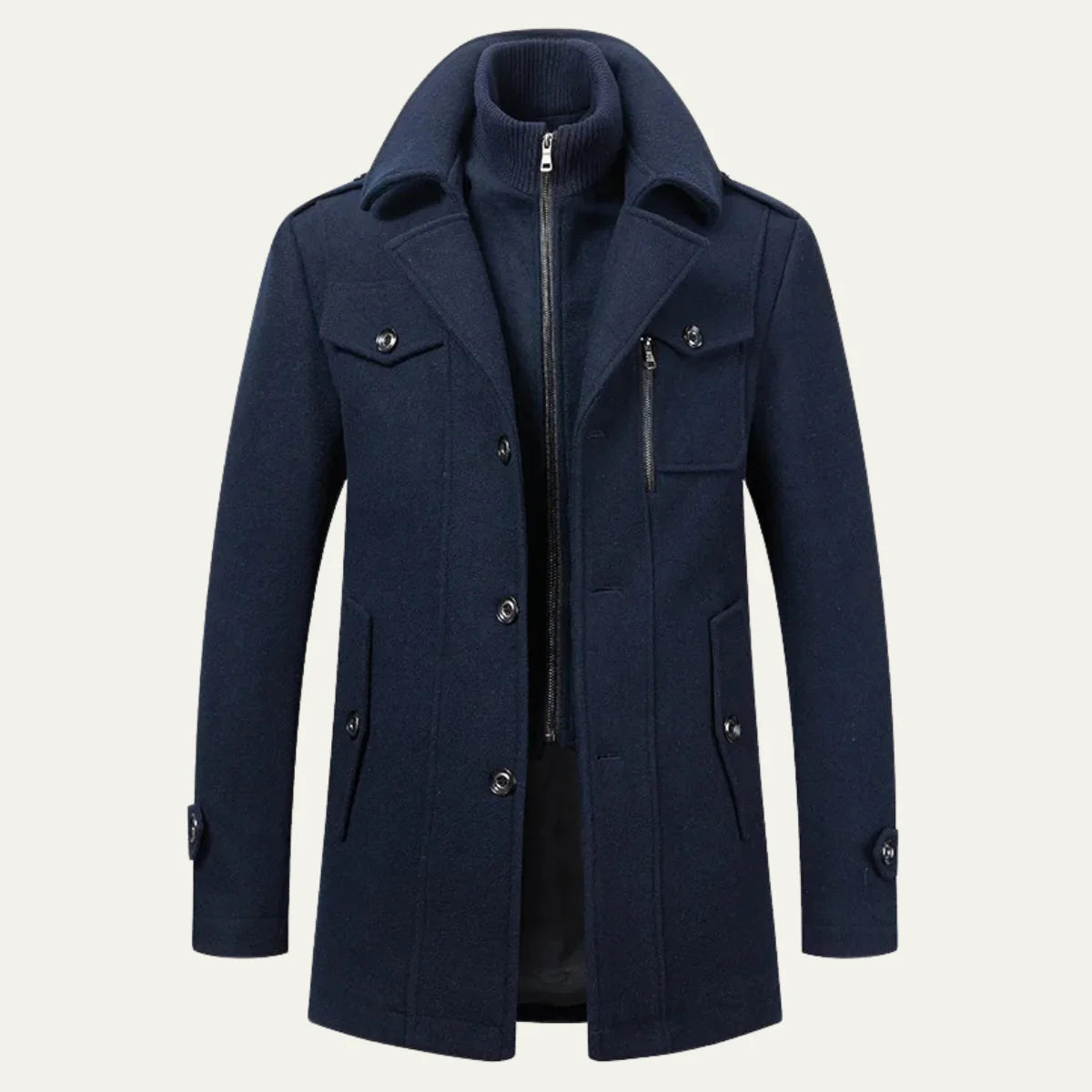 Navy Blue Men's Double-Breasted Trench Coat with Zip-Up Knit Collar & Adjustable Belt - Front Full