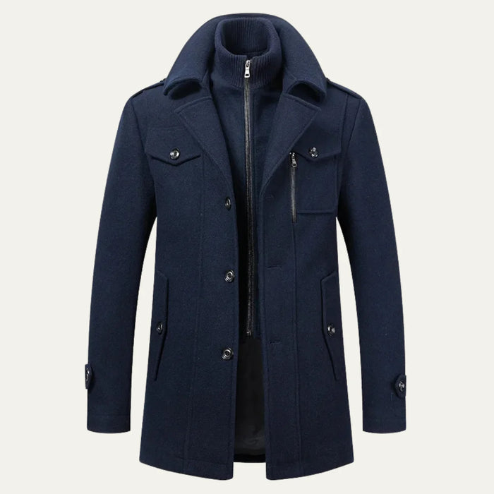 Navy Blue Men's Double-Breasted Trench Coat with Zip-Up Knit Collar & Adjustable Belt - Front Full