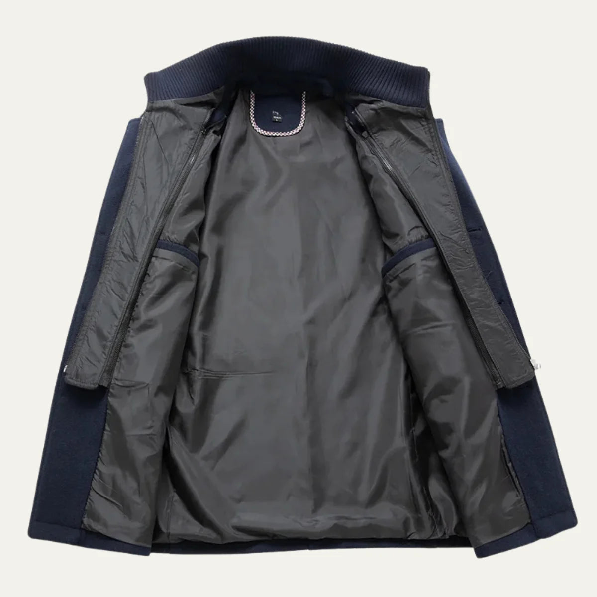Men's Double-Breasted Trench Coat with Zip-Up Knit Collar & Adjustable Belt - Interior Lining