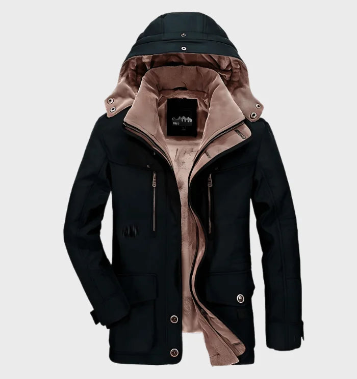 Black Men's Fleece Lined Winter Coat with Removable Hood & Multi-Pocket Design
