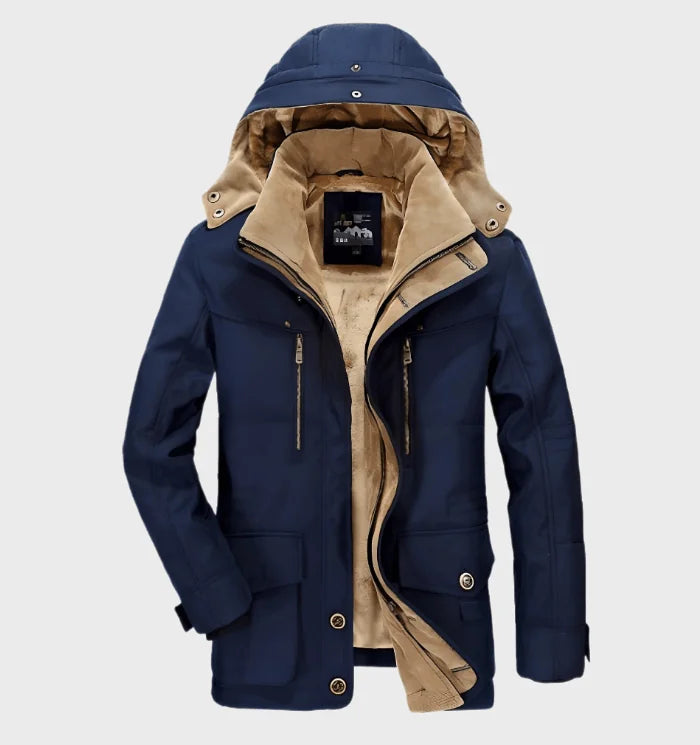 Blue Men's Fleece Lined Winter Coat with Removable Hood & Multi-Pocket Design