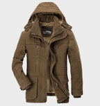 Dark Brown Men's Fleece Lined Winter Coat with Removable Hood & Multi-Pocket Design - Studio Front