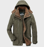 Green Men's Fleece Lined Winter Coat with Removable Hood & Multi-Pocket Design