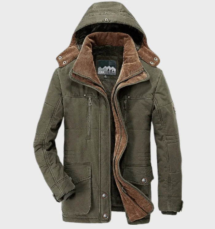 Green Men's Fleece Lined Winter Coat with Removable Hood & Multi-Pocket Design
