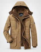 Men's Fleece Lined Winter Coat with Removable Hood & Multi-Pocket Design - Flat Lay