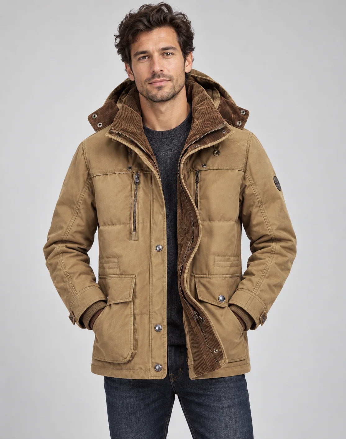 Men's Fleece Lined Winter Coat with Removable Hood & Multi-Pocket Design
