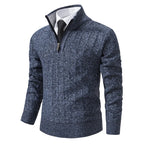 Blue Men's Cable Knit Half Zip Sweater with Ribbed Stand Collar - Front Full