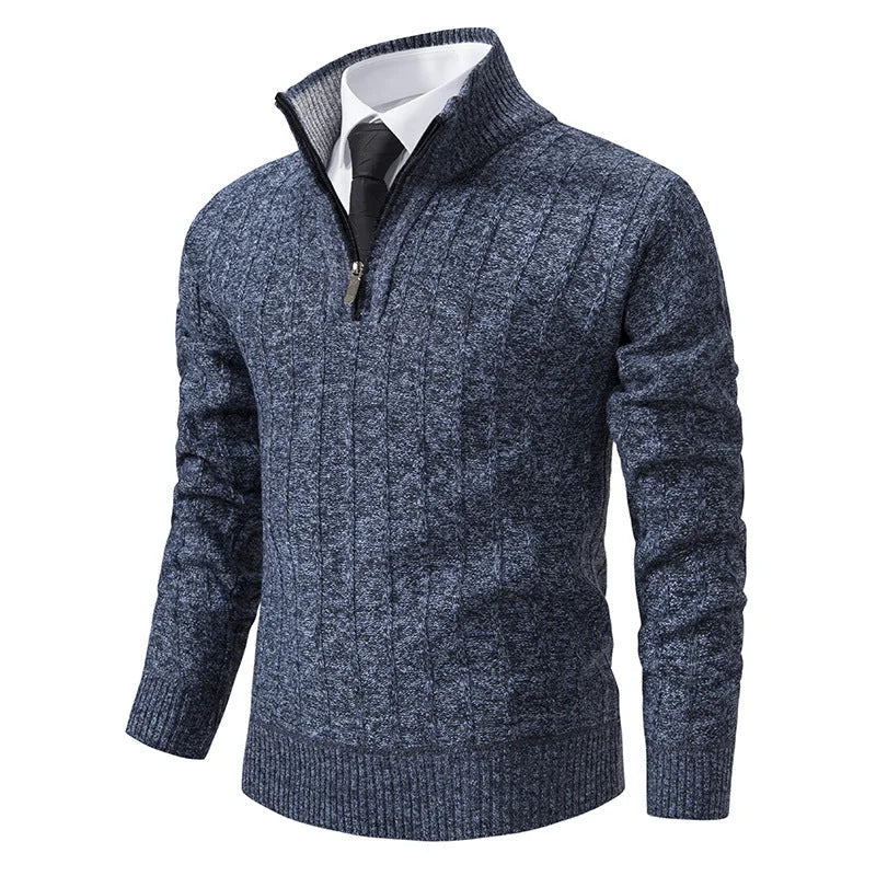 Blue Men's Cable Knit Half Zip Sweater with Ribbed Stand Collar - Front Full