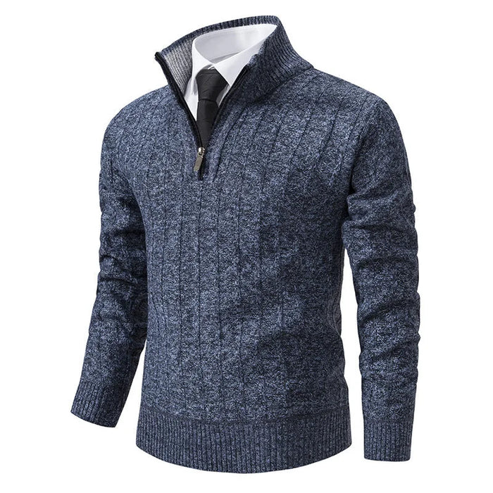 Blue Men's Cable Knit Half Zip Sweater with Ribbed Stand Collar - Front Full