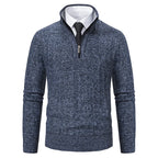 Men's Cable Knit Half Zip Sweater with Ribbed Stand Collar - Blue Studio White