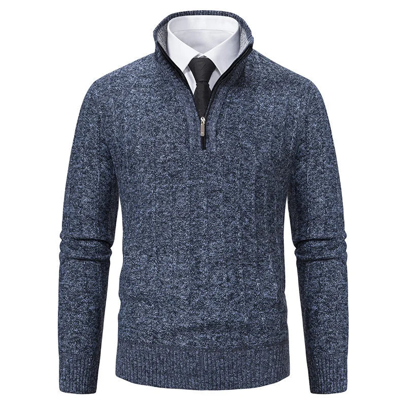 Men's Cable Knit Half Zip Sweater with Ribbed Stand Collar - Blue Studio White