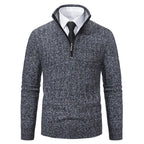 Gray Men's Cable Knit Half Zip Sweater with Ribbed Stand Collar - Dark Grey Front Detail