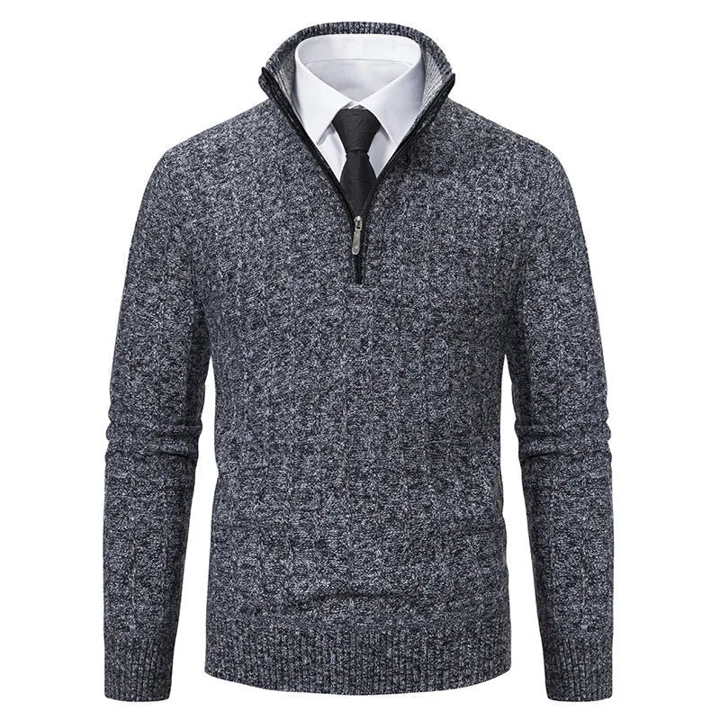 Gray Men's Cable Knit Half Zip Sweater with Ribbed Stand Collar - Dark Grey Front Detail