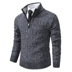 Gray Men's Cable Knit Half Zip Sweater with Ribbed Stand Collar - Dark Grey Front Quarter