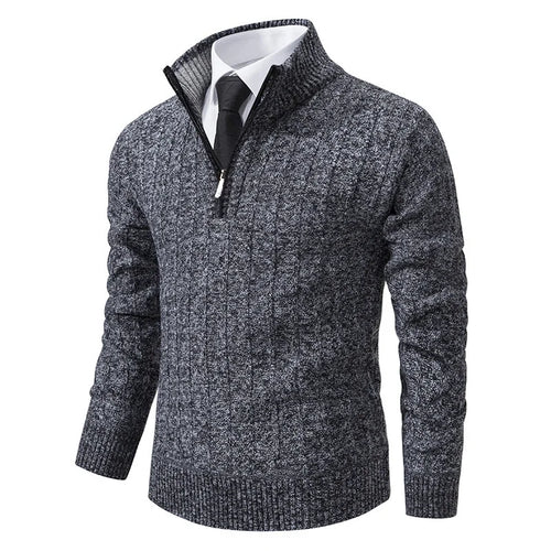 Gray Men's Cable Knit Half Zip Sweater with Ribbed Stand Collar - Dark Grey Front Quarter