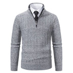 Light Gray Men's Cable Knit Half Zip Sweater with Ribbed Stand Collar - Grey Close Up Collar