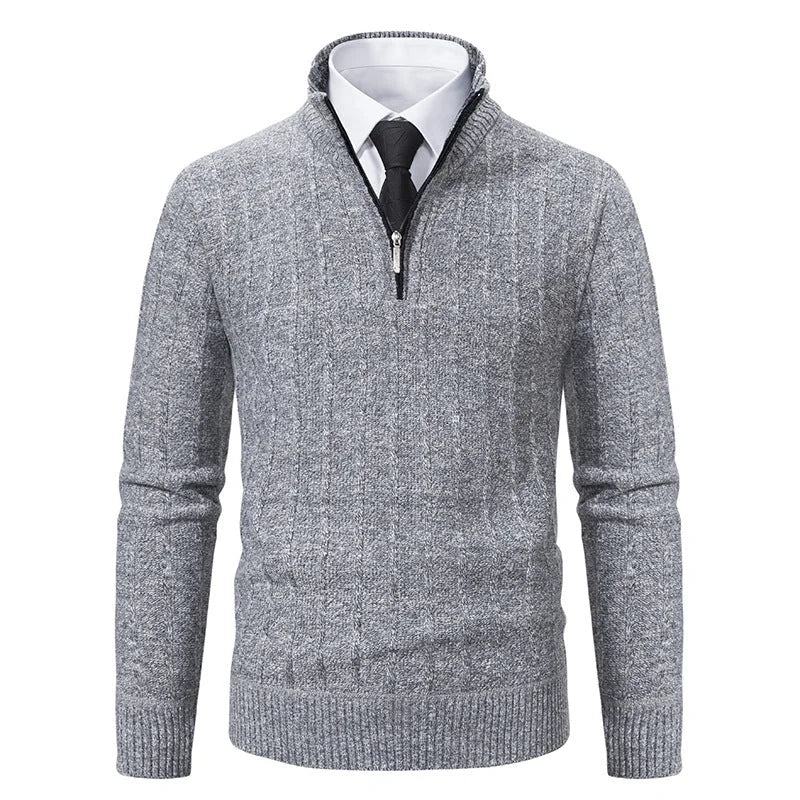 Light Gray Men's Cable Knit Half Zip Sweater with Ribbed Stand Collar - Grey Close Up Collar