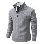Light Gray Men's Cable Knit Half Zip Sweater with Ribbed Stand Collar - Grey Side Pose