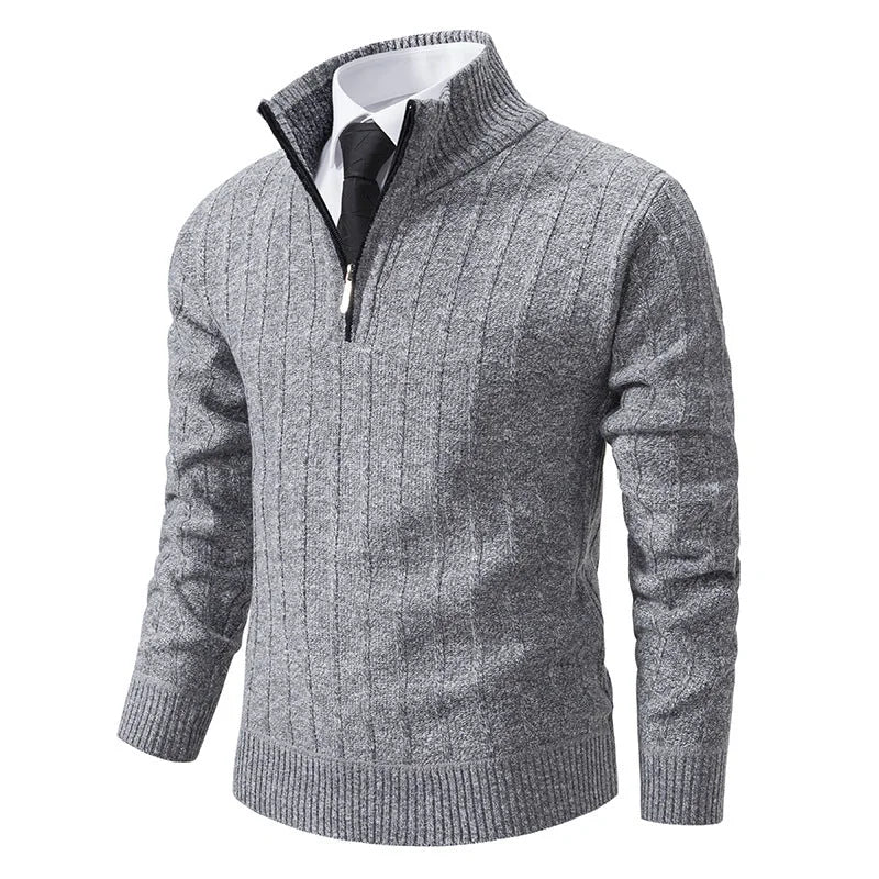 Light Gray Men's Cable Knit Half Zip Sweater with Ribbed Stand Collar - Grey Side Pose