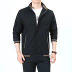 Black Men's Harrington Jacket with Stand Collar & Striped Cuffs — George - Front Zip Closeup Alt