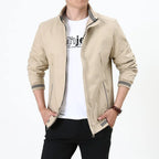Khaki Men's Harrington Jacket with Stand Collar & Striped Cuffs — George - Front Full Pose Alt