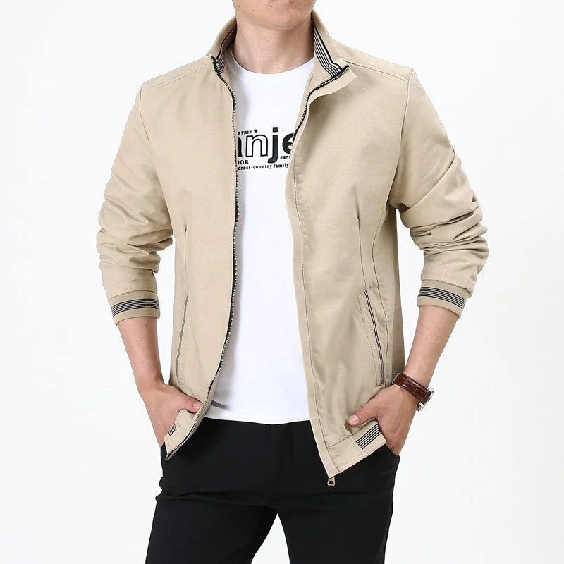 Khaki Men's Harrington Jacket with Stand Collar & Striped Cuffs