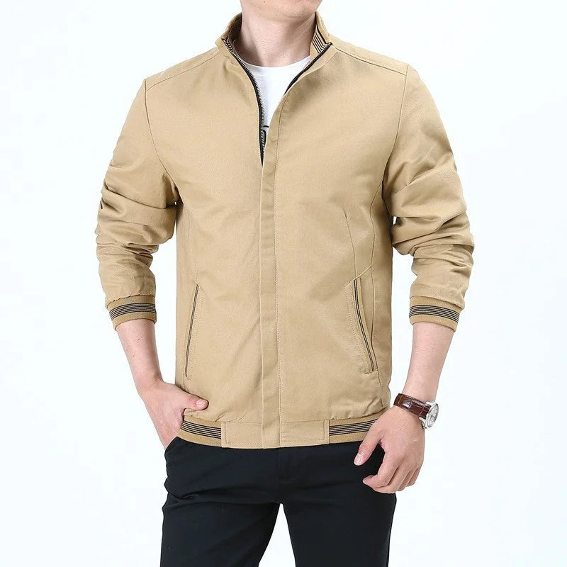 Ochre Men's Harrington Jacket with Stand Collar & Striped Cuffs — George