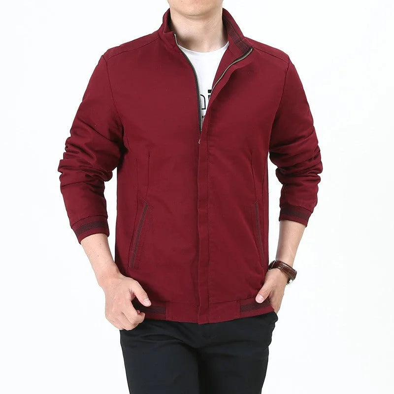 Red Men's Harrington Jacket with Stand Collar & Striped Cuffs — George - Front Relaxed Pose Alt