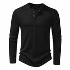 Black Men's Henley Shirt with Button Placket & Relaxed Fit — Oliver - Close Up Front