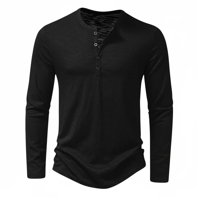 Black Men's Henley Shirt with Button Placket & Relaxed Fit — Oliver - Close Up Front