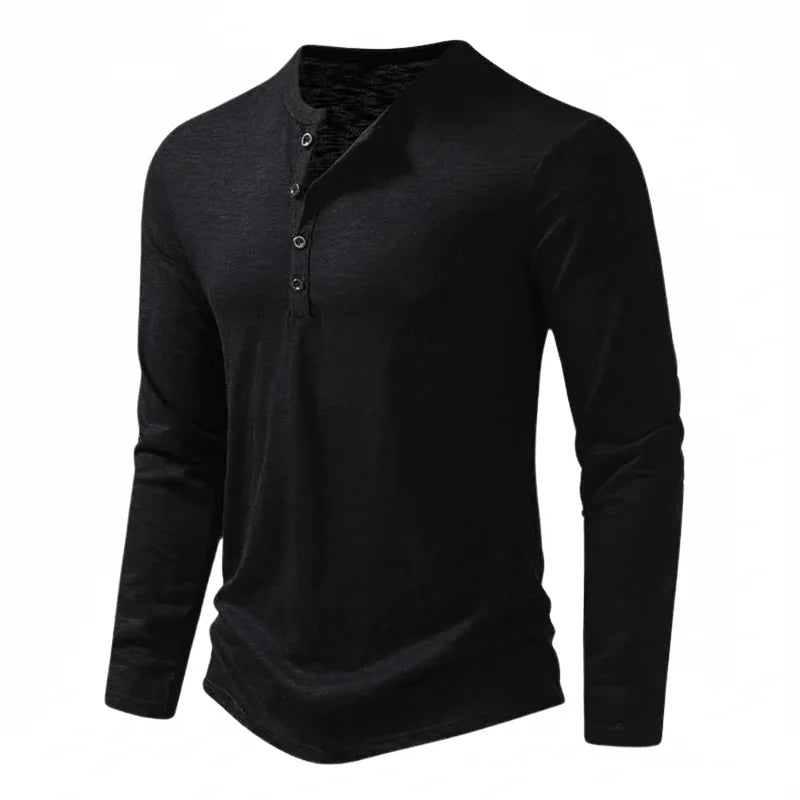 Black Men's Henley Shirt with Button Placket & Relaxed Fit