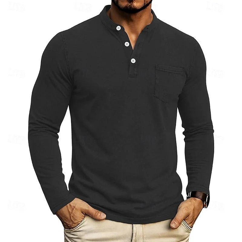 Black Men's Henley Shirt with Button Placket & Chest Pocket